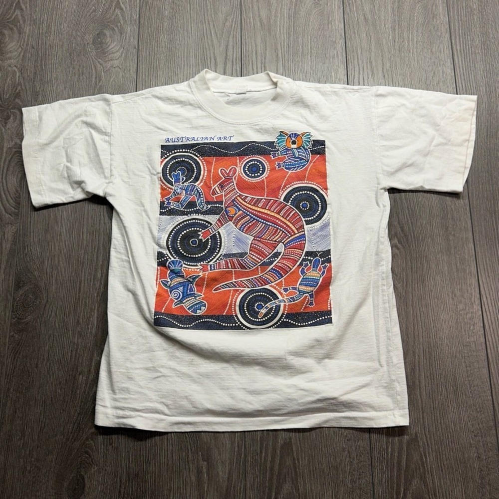 Vintage 90s Australian Art Kangaroo Koala T-Shirt White Cotton Mens Small